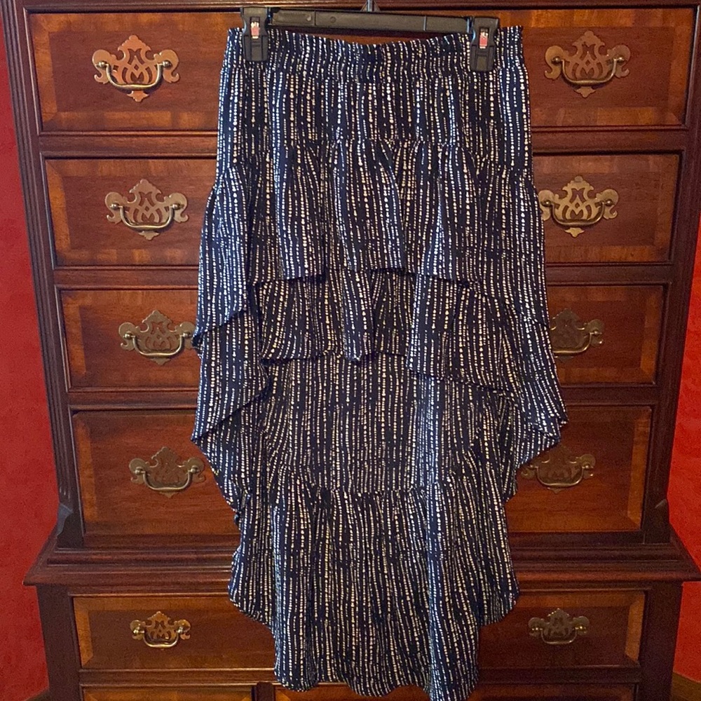 MISA high low skirt. Navy blue with white design.